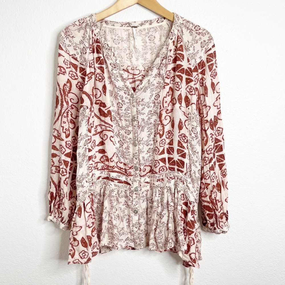 Free People Womens XS Terracotta Cream Floral Boho Button Front Peplum Blouse